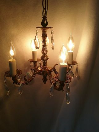 Vintage Petite Brass Crystal Chandelier 12.  5 