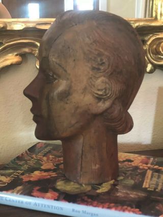 French Art Deco Mannequin Head Carved Wood Millener 1920s