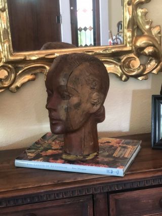 French Art Deco Mannequin Head Carved Wood Millener 1920s 5