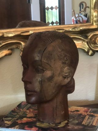 French Art Deco Mannequin Head Carved Wood Millener 1920s 6
