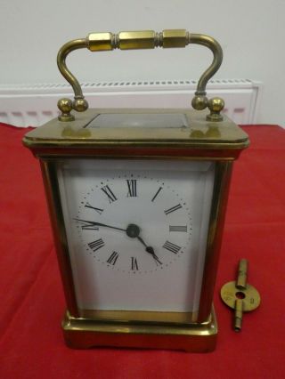 Antique/vintage Small Brass & Glass Carriage Clock With Key Vgc/fwo