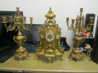 Vintage & Rare Imperial Brass Mantel Clock & 2 Candelabras Louis Xv