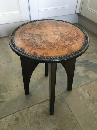 Rare Arts And Crafts Stool Leather Fish Pattern Top