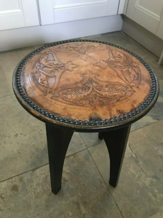 RARE ARTS AND CRAFTS STOOL LEATHER FISH PATTERN TOP 3