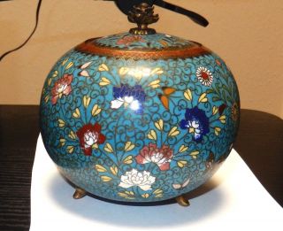 Rare Old Japanese Cloisonne Blue Floral Enamel Jar Box