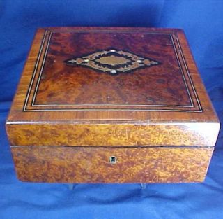 Antique Wood Spool Box Brass Mop Inlaid Hinged Top Burl Style Walnut Wood