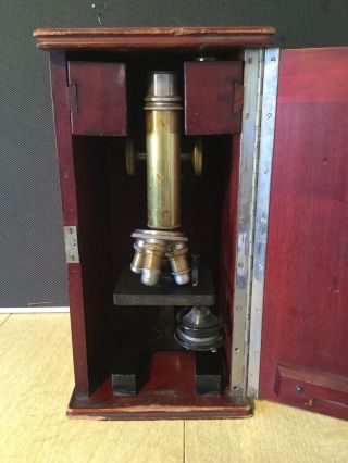 Antique Betz Brass Microscope W/ Mahogany Wood Case 1949