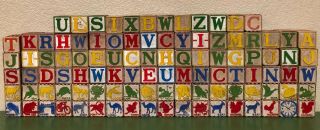 Vintage Antique Wooden Alphabet Blocks Assorted Some Ribbed 112 Count 1 1/4 "