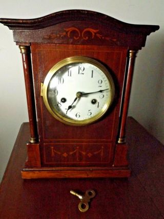 Antique 1900s Hac Cross Arrows 8 Day Inlaid Mahogany Wood Table Clock