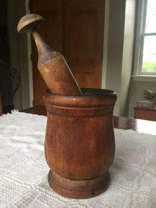 Early Antique Wooden Mortar And Pestle - Farmhouse Country Primitive - Treenware