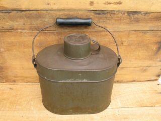 Antique Oval Tin Tinware Coal Miners 3 Piece Lunch Pail Box Bucket Wood Handle