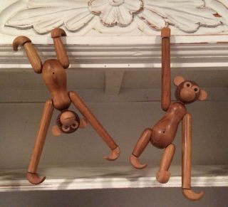 2 Vintage Mid Century Modern 7 " Teak Wood Monkey Bojesen Style Japan Hanging Toy