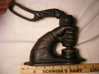 Figural Notary Stamp / Seal with Fist,  Frozen plunger,  cast iron,  needs work 3