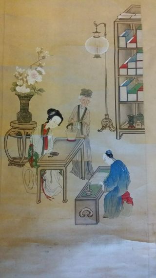 Large Fine Antique Chinese Scroll Painting - Scholar Library Ink Preparation