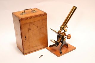 Rare Society Of Arts Bar Limb Brass Antique Microscope Broadhurst Wood Case,  Key
