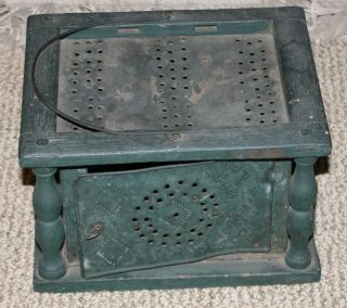 Early Antique Coal Foot Warmer / Stove With Blue/green Paint Ca 1750