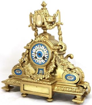 Antique French Mantle Clock 8 Day Gilt Metal & Blue Sevres porcelain 2