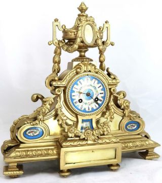 Antique French Mantle Clock 8 Day Gilt Metal & Blue Sevres porcelain 3