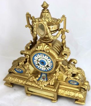 Antique French Mantle Clock 8 Day Gilt Metal & Blue Sevres porcelain 5