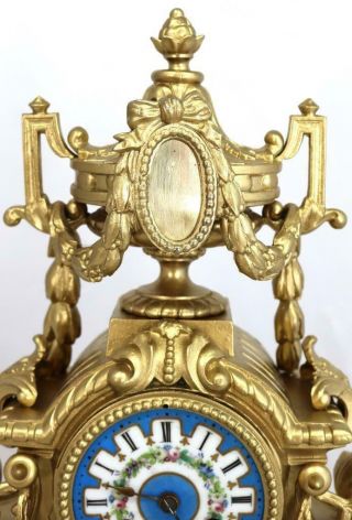 Antique French Mantle Clock 8 Day Gilt Metal & Blue Sevres porcelain 6