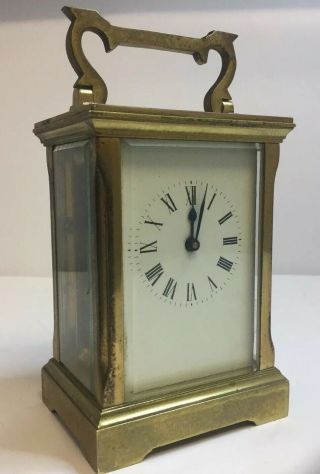 Antique English Mechanical Key Wind Carriage Clock - Acg - Brass & Glass - Runs