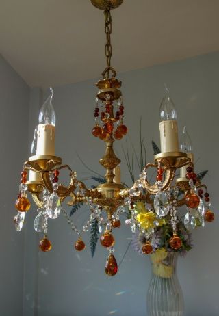Pretty Vintage French Style 5 Arm Brass Chandelier Light.  Crystal & Murano Drops