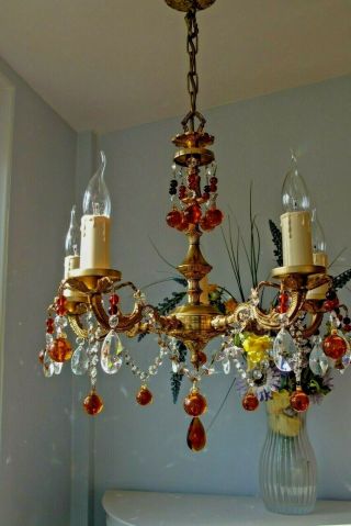 Pretty Vintage French style 5 Arm Brass Chandelier Light.  Crystal & Murano Drops 2