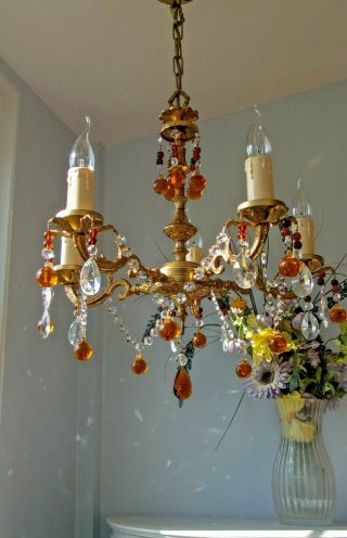 Pretty Vintage French style 5 Arm Brass Chandelier Light.  Crystal & Murano Drops 3