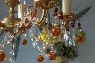 Pretty Vintage French style 5 Arm Brass Chandelier Light.  Crystal & Murano Drops 4