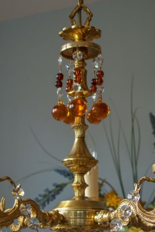 Pretty Vintage French style 5 Arm Brass Chandelier Light.  Crystal & Murano Drops 5