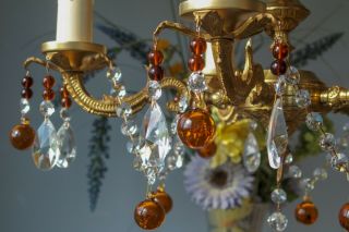 Pretty Vintage French style 5 Arm Brass Chandelier Light.  Crystal & Murano Drops 6