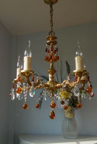 Pretty Vintage French style 5 Arm Brass Chandelier Light.  Crystal & Murano Drops 7