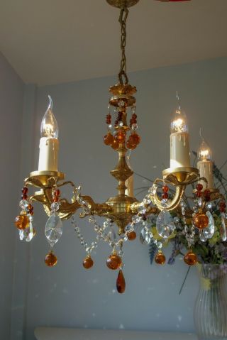 Pretty Vintage French style 5 Arm Brass Chandelier Light.  Crystal & Murano Drops 8