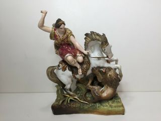 Antique Porcelain Figurine,  A Woman Sitting On A Horse W/leopard Hunting A Lion