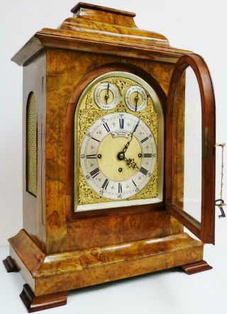 Rare Antique English Walnut Triple Fusee Musical 8 Bell Regulator Bracket Clock 7