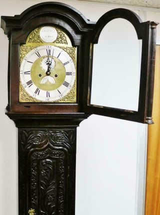 Antique English C1770 8 Day Bell Strike Highly Carved Grandfather Longcase Clock 9