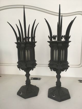 Pair Antique Electric Wrought Iron Gothic Lantern Sconce Candlestick Light Italy