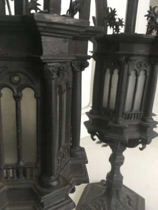 Pair Antique Electric Wrought Iron Gothic Lantern Sconce Candlestick Light Italy 2