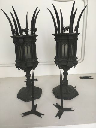 Pair Antique Electric Wrought Iron Gothic Lantern Sconce Candlestick Light Italy 7