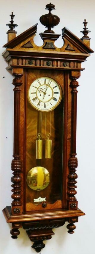 Carved Antique Walnut Twin Weight Regulator 8 Day Gong Strike Vienna Wall Clock 2