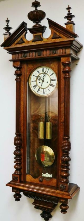 Carved Antique Walnut Twin Weight Regulator 8 Day Gong Strike Vienna Wall Clock 3