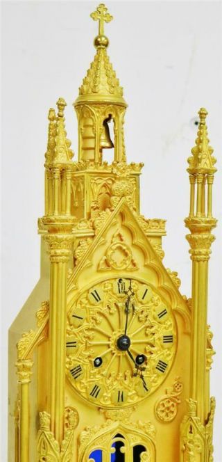 Antique French Empire Bronze Ormolu Cathedral Automaton Mantle Clock 12