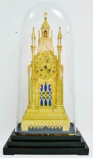 Antique French Empire Bronze Ormolu Cathedral Automaton Mantle Clock