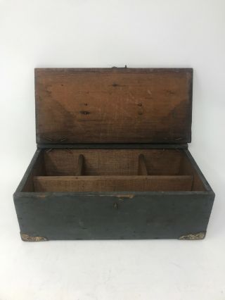 Antique Folk Art Primitive Divided Cash Box W/ Brass Tackle Box Desk Vintage
