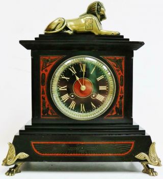 Rare Antique French Mantel Clock 8 Day Egyptian Slate Marble Strike Mantle Clock
