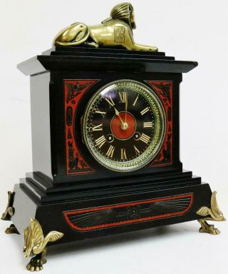 Rare Antique French Mantel Clock 8 Day Egyptian Slate Marble Strike Mantle Clock 2