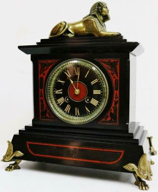 Rare Antique French Mantel Clock 8 Day Egyptian Slate Marble Strike Mantle Clock 3