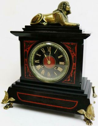 Rare Antique French Mantel Clock 8 Day Egyptian Slate Marble Strike Mantle Clock 6