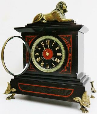 Rare Antique French Mantel Clock 8 Day Egyptian Slate Marble Strike Mantle Clock 8