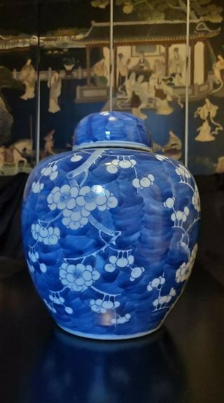 Large Antique Chinese Porcelain Blue & White Ginger Jar Prunus Flowers